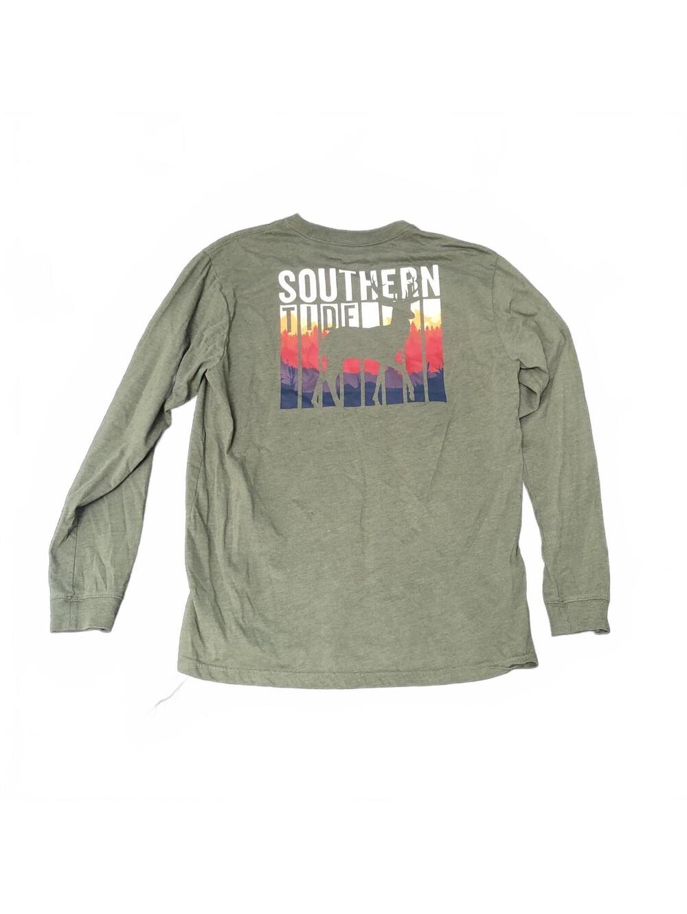Southern Tide Long Sleeve T-Shirt with Deer Graphic - Olive Green, Size L